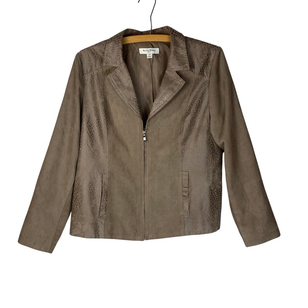 Studio Works Taupe Snakeskin Zip Jacket Size 12P Petite Professional Desert Aunt